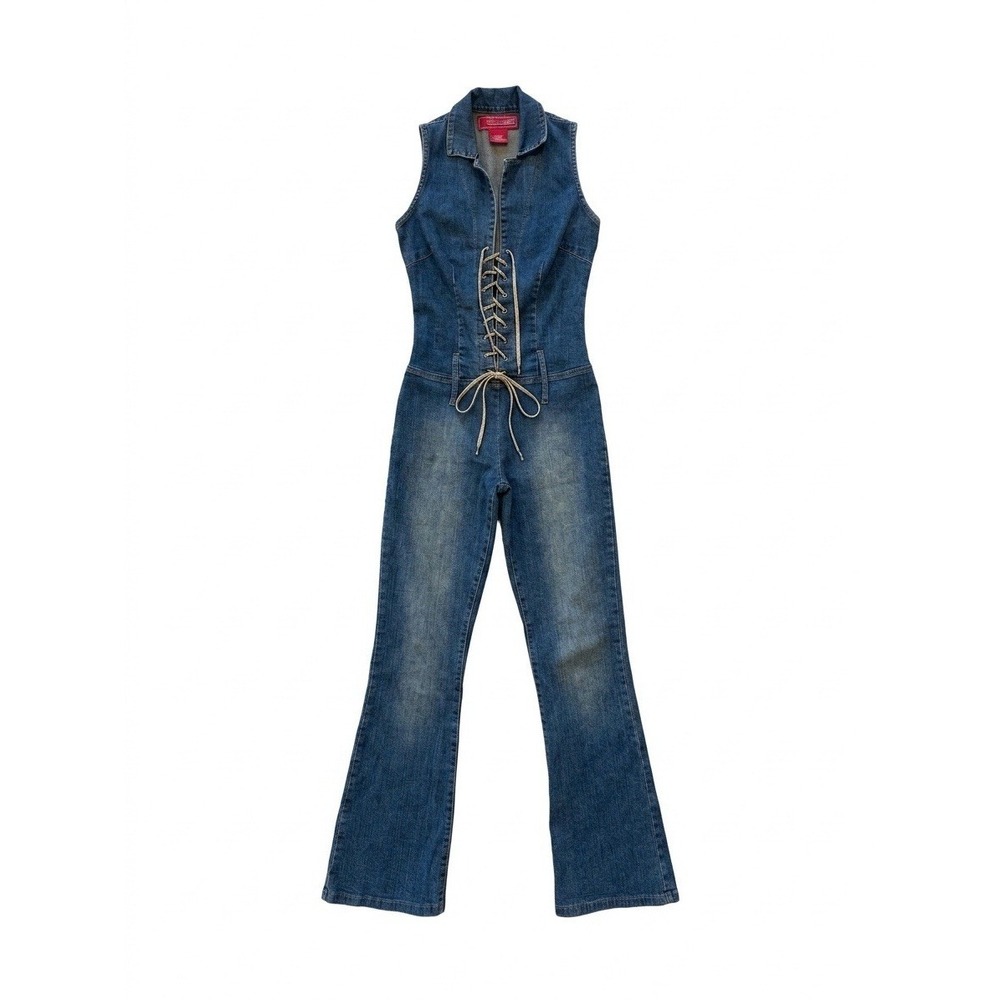 Hot Kiss Jumpsuit Women XS Lace Up Chest Denim Sleeveless Bell Bottom Y2K 1990's